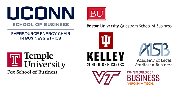Logos for UConn School of Business Eversource Energy Chair in Business Ethics Indiana Kelley School of Business Virginia Tech Pamplin College of Business Center for Business Analytics Temple University Fox School of Business and the Academy of Legal Studies in Business